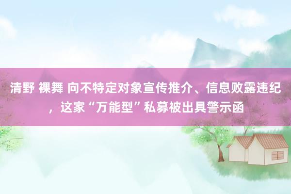 清野 裸舞 向不特定对象宣传推介、信息败露违纪，这家“万能型”私募被出具警示函